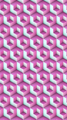 Abstract architectural relief of modular cubes. Palette is purple and green. Minimalism. 3d rendering digital illustration