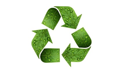 Obraz premium The universal symbol for recycling, representing sustainability and environmental protection with water droplets on green leaves