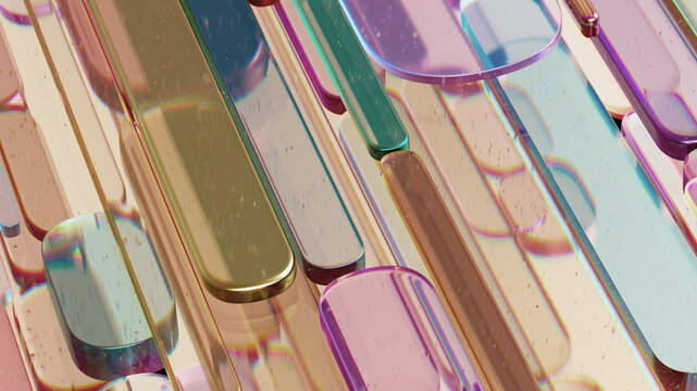 Vibrant Glass Strips Abstract Art: Colorful Metallic Ribbons in a Modern Studio Scene With Shimmering Light and Reflections