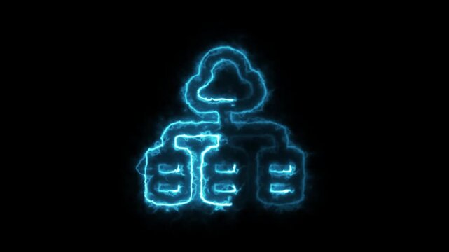 A radiant blue cloud icon, energetically connected to three glowing cylindrical database symbols, visually represents a robust cloud computing infrastructure managing and distributing data across mult