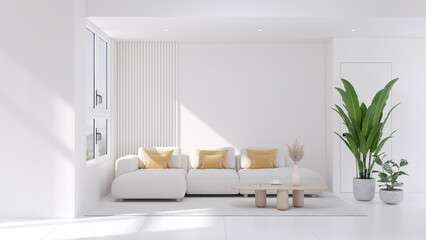 Obraz premium Modern minimal living room featuring a comfortable sofa and elegant furniture with a stylish carpet and large window ,Color of the Year 2026 Cloud Dancer ,copy space .3Drender