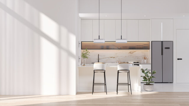 elegant contemporary white room kitchen room interior ,Color of the Year 2026 &ndash; Cloud Dancer ,copy space .3Drender