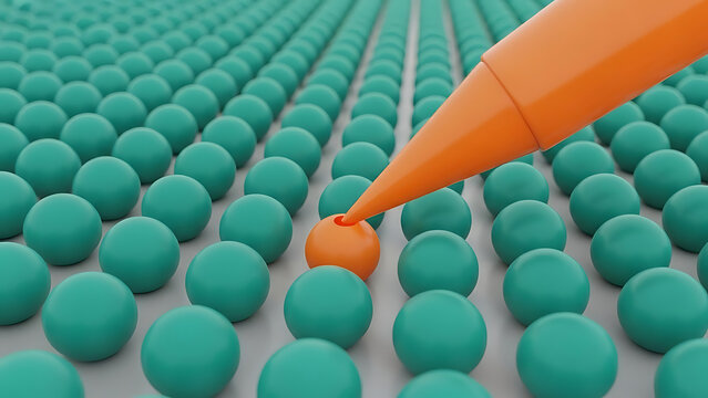 Vibrant orange marker sphere positioned among teal blue globes representing anomaly detection and single outlier in uniform pattern conceptual background for data science and individuality.