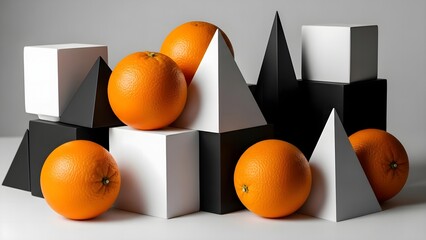 Oranges among geometric shapes in a minimalist studio setting with white and black cubes and triangular prisms