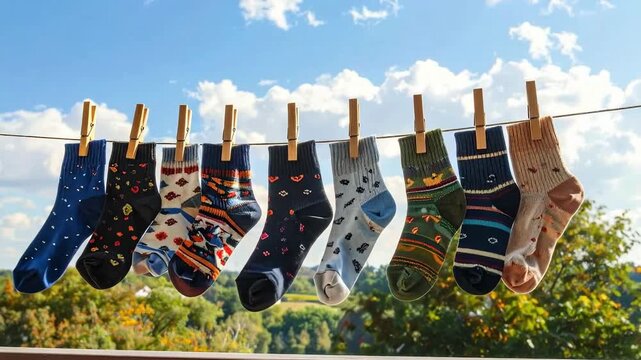 Colorful socks hanging on a clothesline against a bright blue sky with clouds.