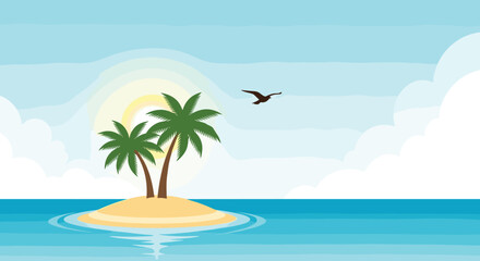 Obraz premium Tropical island landscape with two palm trees on a small sand mound in the blue ocean with the sun and a flying bird.