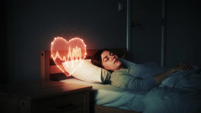 Young woman sleeping with glowing holographic heart rate monitor hologram
