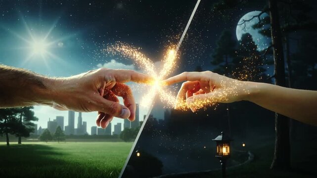 Hands of man and woman reaching through day and night split screen with infinity spark