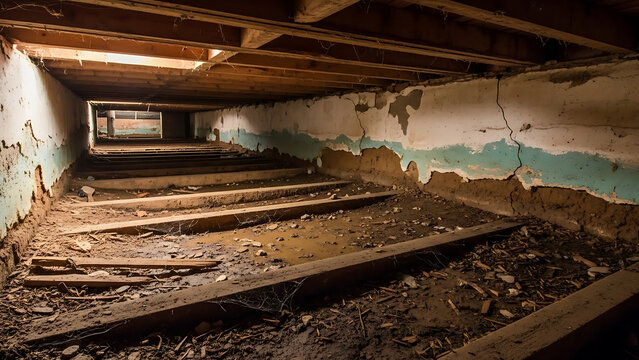 Damp residential crawl space featuring deteriorated wooden beams and joist decay alongside a concrete foundation wall and exposed earth floor needing structural basement renovation and repair.