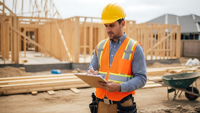 Professional building inspector wearing yellow hardhat holding clipboard reviewing residential house construction site for safety compliance and structural quality assurance standards outdoors