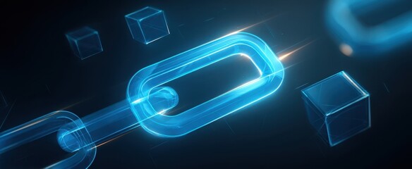 The Digital Chain Link Surrounded by Floating Cubes and Futuristic Neon Light