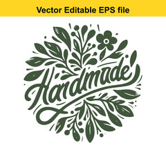  vector handmade logo with green leaves and flowers on white background
