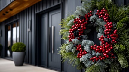 Christmas wreath decorating a modern house entrance, featuring red berries and pine branches, welcoming holiday season with festive and stylish decor