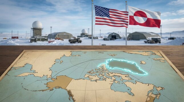 Vintage style arctic region map with a glowing Greenland outline sits on a wooden table before a blurred snowy military base with national flags Greenland and USA waving in the wind