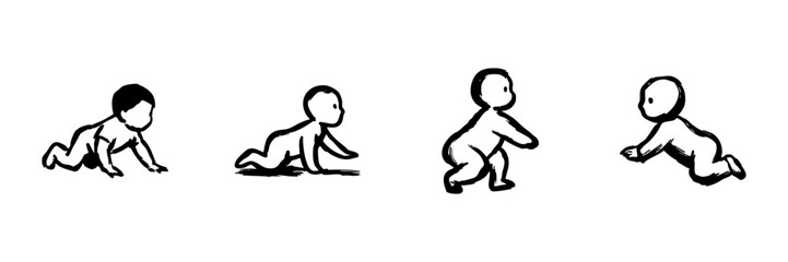 Baby Crawling And Standing In Hand Drawn Style Set. Infant Development, Growth Milestones, Early Childhood Movement Doodle Sketch Collection. Isolated Vector Illustration