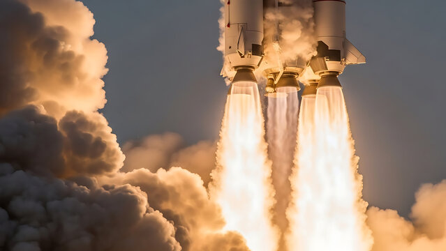 Gigantic space rocket liftoff close-up featuring fiery orange flames intense engine plume massive clouds of thick white smoke and glowing exhaust trail conveying immense power and propulsion