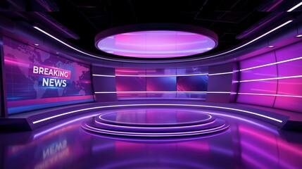 Breaking News Studio, Purple Neon Lights, Circular Stage, Modern Broadcast Background, Virtual TV Interior, Zoom Virtual Meetings Backgrounds, Backdrop, Global Map Display, High-Tech 3D Rendering