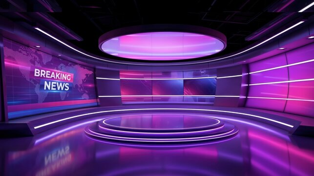 Breaking News Studio, Purple Neon Lights, Circular Stage, Modern Broadcast Background, Virtual TV Interior, Zoom Virtual Meetings Backgrounds, Backdrop, Global Map Display, High-Tech 3D Rendering