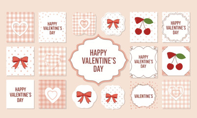 Happy Valentine's Day elements set with red ribbons, cherries, hearts and pink gingham pattern on labels and tags for romantic greeting cards and gift packaging.