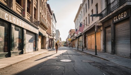 Obraz premium Deserted urban street with closed shops and boarded-up windows shows a lone woman walking away during a sunny morning, creating a lonely and desolate atmosphere