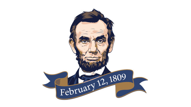 Portrait illustration of Abraham Lincoln with birthdate banner.