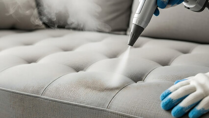 Handheld professional steamer machine deep cleaning a grey tufted fabric sofa cushion removing stubborn dirt stains and sanitizing domestic upholstery textile surface for hygiene maintenance