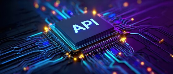 The API chip glowing on a futuristic circuit board with neon data pathways