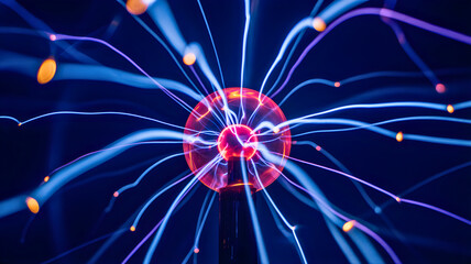 Close-up of plasma ball with blue energy streams radiating outwards against a dark background