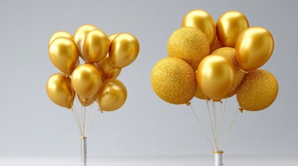 Outdoor advertising billboard adorned with shiny golden inflatable balloons, some floating away, creating a festive atmosphere with vibrant colors and textures, ideal for celebrations and events