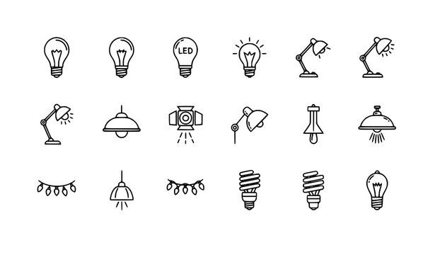 Thin line lightbulb and lamp logo icon set with editable stroke for print and digital design