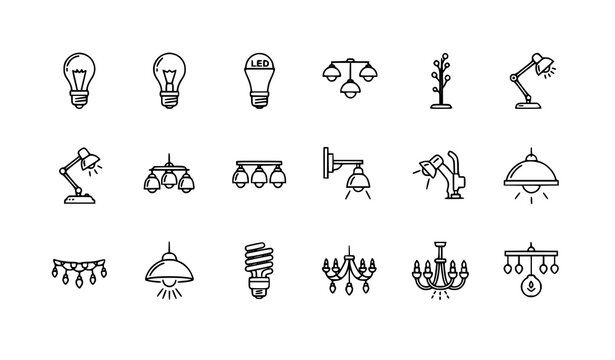 Lightbulbs and lamps thin line icon set with editable stroke for web and mobile apps