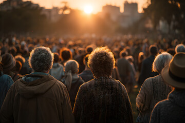 Back view of happy multigenerational people having fun in a public park during sunset time - Community and support concept