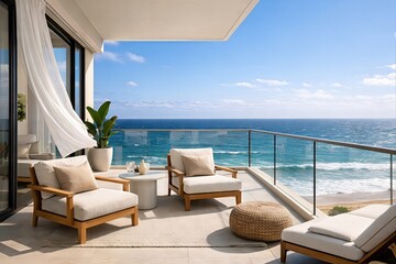 Contemporary oceanfront balcony with minimalist furniture and serene view, featuring natural lighting and elegant design elements that enhance coastal relaxation