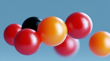 Colorful molecular structure featuring glossy spheres in vibrant shades of red, orange, and black, floating against a soft blue background, representing scientific concepts and molecular interactions