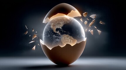Surreal ultra-realistic image of an egg resembling planet Earth, violently cracked open with fragments flying outward, showcasing continents and oceans, illuminated by dramatic lighting and deep shado
