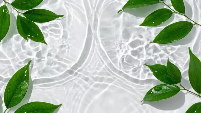 Minimalist water ripple background with fresh green leaves, creating a serene and natural ambiance.