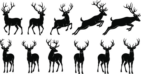 Deer silhouette set, majestic buck with antlers vector illustration, wild reindeer jumping and standing poses, forest animal wildlife icons, hunting season design elements © MstShahanaz