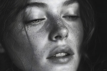Fototapeta premium beautiful totpless woman with closed eyes on black background monochrome