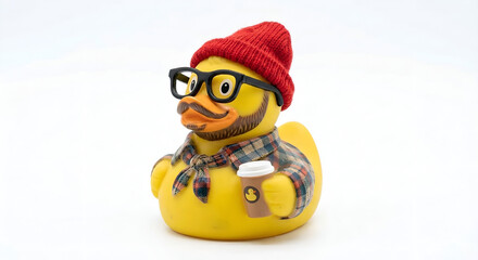 yellow rubber duck hipster character with red beanie glasses beard plaid scarf and coffee cup on white background