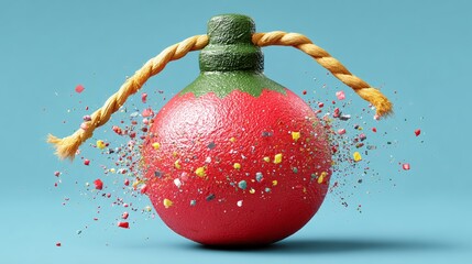 Vibrant red and green decorative bomb with a rope fuse, bursting with colorful particles, showcasing dynamic motion and festive ambiance, perfect for creative visual storytelling