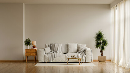 Cozy minimalist living room interior with white sofa, wooden furniture, and green plant in neutral tones- 3D rendering