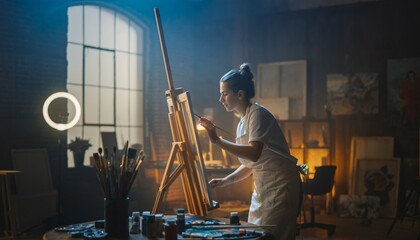 Obraz premium Talented female artist in an apron paints on a canvas at a wooden easel in her atmospheric, dimly lit loft studio with moody, cinematic lighting