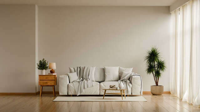 Cozy minimalist living room interior with white sofa, wooden furniture, and green plant in neutral tones- 3D rendering