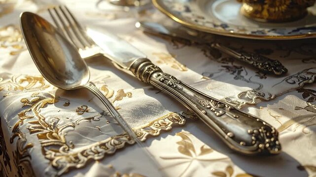 Elegant silverware set with ornate detailing on a tablecloth, bathed in soft sunlight.