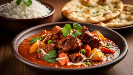 Fototapeta premium Rich beef curry with rice and naan