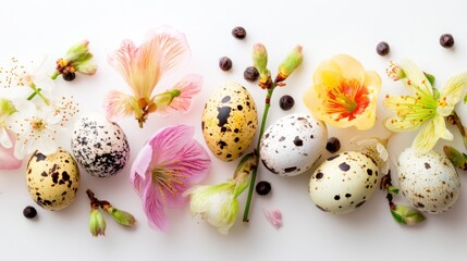 A collection of quail eggs in different colors is placed among various flowers. The scene shows a mix of spotted eggs and fresh blooms suggesting springtime festivities.