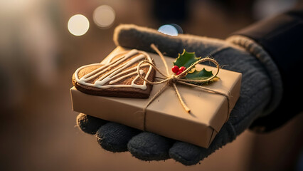 Benevolent person wearing protective knitted glove holding festive gift box topped with sweet heart shaped cookie representing compassion and altruistic spirit during charity donation drive