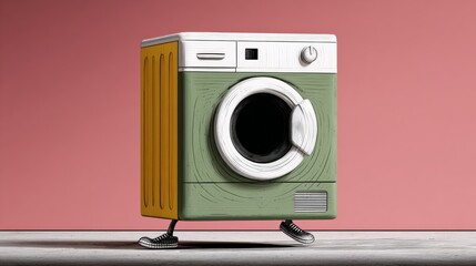 Washing machine with sketched legs, playfully walking on a clean surface, showcasing vibrant colors and whimsical design, perfect for creative product photography with copy space