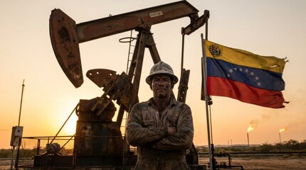 Fototapeta na wymiar Rugged oilfield worker covered in grime stands proudly with arms crossed before a pumpjack and a Venezuela flag as gas flares burn at sunset