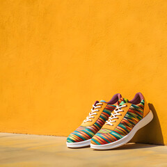 colorful sport shoes on mustard color